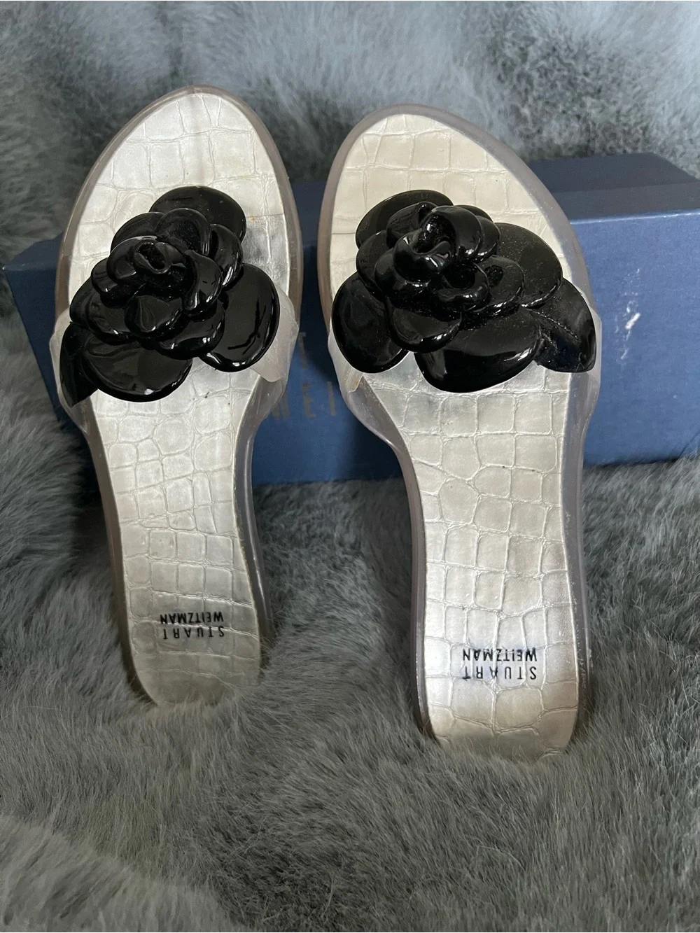 Stuart Weitzman Black Floral Appliqué Slide Sandals